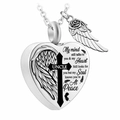 Silver stainless steel heart urn necklace with cross and angel wing charm pendant - Uncle