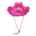 Pink Y2K cowboy hat with rhinestone crown and feather trim for parties and dress up - Adult Size (58cm) / Rose Red Feather With Silver Silk