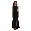 Slim fit black evening gown featuring elegant side ruffle and high slit long skirt design - US size 2 / Black