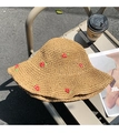 Khaki crochet straw bucket hat with red strawberry embroidery on a metal chair - M / Strawberry Crochet Hat-Khaki