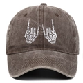 Vintage washed cotton baseball cap with white skull hand embroidery in dark coffee color - Coffee