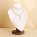 Elegant pearl necklace with silver pendant on walnut wood bust jewelry display stand - Medium / Off White