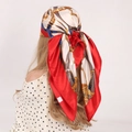 90cm satin silk square scarf with red border and gold horse bit prints as headwrap - 90*90cm / Chain Orange