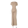 Elegant khaki slim fit maxi dress with short sleeves and stylish side drawstring ruching - Khaki