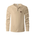 Detail of waffle knit fabric and three-button Henley collar on a men's raglan shirt - Khaki