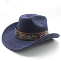Detail of navy blue suede western hat with embroidered brown band and turquoise button - M (56-58cm) / Navy Blue