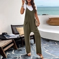 Army green wide-leg jumpsuits for women with front pockets and casual white T-shirt - S / Army Green