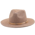 Elegant rose gold straw fedora hat with metallic belt and gold buckle for beach sun protection - Adjustable (56-58cm) / Rose Gold