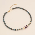 Detail of beaded necklace with blue striped stones and pink enamel evil eye pendant - Blue Malachite Style (Blue Brown Texture/Pink Blue Pendant)
