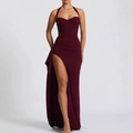 Elegant burgundy halter neck evening gown with corset bodice and side slit detailing - S / Burgundy
