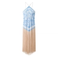 Halterneck-Kleid mit blauem Blumenmuster und langen beigen Fransen im Boho-Stil - S / Hellblau