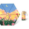 Flat six-fold mini sun umbrella with moonlit rose illustration and UV protection - Flat 6-Fold Titanium Gold Glue Rose Under the Moon (Inner Print)