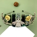 Natural raw crystal crown headband with silver bee and golden flower branch accents - Moss Agate
