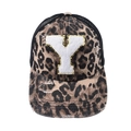 Distressed leopard print baseball cap with white towel embroidery letter Y and mesh back - Letter Y (Black Leopard)