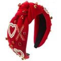 Detail of red knotted headband with hand-sewn beads, rhinestones and XO heart embroidery - XO Heart Pattern / Red