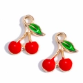 Pair of red cherry alloy pendants with green enamel leaf and golden ring for DIY jewelry - Mini Cherry