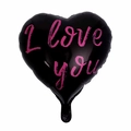 Détail d'un ballon en aluminium cœur noir avec texte rose I Love You imprimé - Ballon en Cœur - I LOVE YOU Noir