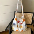 White canvas hobo tote bag featuring vibrant large floral prints and a wide strap - Small Cotton Flower