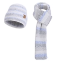 Set invernale in maglia con berretto a righe e sciarpa coordinata blu, grigio e bianco - Set da 2 pezzi / Blu