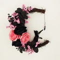 Black cat crescent moon wreath with pink roses and purple crystal pendant for wall decor - Pink and Black Roses Moon