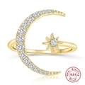 S925 sterling silver gold ring featuring a celestial star and moon pavé diamond design - Adjustable Open / Gold/Moon Star Style