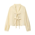Women's pale yellow long sleeve striped poplin shirt with dual bow ties and V-neckline - XS / Yellow