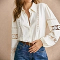 Detail of white long sleeve shirt with intricate lace stitching and button-up front - S / Beige Apricot