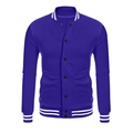 Detail of ribbed collar and cuffs on a navy blue varsity jacket with white stripes - S / Tops / Sapphire Blue