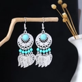Detail of silver bohemian earrings with blue beads and metal leaf tassel charms - Sky Blue Artificial Turquoise Leaf Tassel Style (E1104-9/Blue)