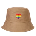 Close-up of rainbow heart embroidery on khaki cotton bucket hat with neat stitching - Khaki