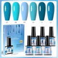 Detail view of 6-piece blue gel nail polish set with UV LED polish bottles and packaging - Blue-Green Series Set (GPS02)