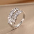 Silver belt buckle ring featuring sparkling rectangular and round clear crystals - Silver