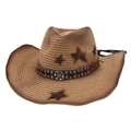 Brown woven western cowboy straw hat with star prints and metal badge for outdoor sun protection - One Size (Gradient Star) / Camel With Wind Rope (Large Gear)