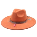 Orange wide brim suede fedora hat with bohemian embroidered ribbon and fringe tassels - M (56-59cm) / Orange