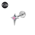 F136 titanium labret stud with pink round zircon inlay and flat back design - 1.2*8mm / Star Silver Pink