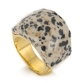 Chunky 18K gold plated geometric ring featuring a hexagonal dalmatian stone inlay - US 6