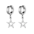 Close-up of silver hollow star charms on polished stainless steel hoop earrings - Clip-On Earrings / Silver