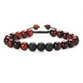 Adjustable braided bracelet with red cat eye stone and black lava rock beads - Red Tiger Eye + 3 Volcanic Beads