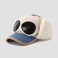 Kids' beige corduroy aviator baseball cap with blue brim and plush earflaps - 52cm (2-5 Years) / Color Block Goggles-Beige