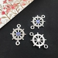 Silver rudder connectors with blue evil eye and sparkling crystals for DIY jewelry - Bright Silver - Ship Wheel Evil Eye Connector - 14x20mm