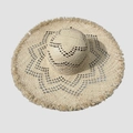 Beigefarbener Raffia-Sonnenhut mit breiter Krempe, Fransen und Hohlstrickmuster für Damen - M (56-58cm) / Kuppel Durchbrochener Raffia Strohhut