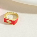 Minimalist adjustable gold ring with red enamel and diamond inlay in evil eye design - Red