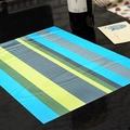 Rectangular woven PVC placemat with blue yellow and grey stripes for dining tables - Blue Stripe