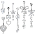 Set of 7 sparkling stainless steel navel rings with white cubic zirconia in varied shapes - Heart/Butterfly/Bow/Flower/Tassel Styles / White
