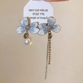 Detail of asymmetrical floral earrings with blue petals, 925 silver and rhinestone tassels - Asymmetric Light Blue Flower Pearl Tassel Style