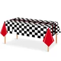 Racing party tablecloth with black asphalt road design and red checkered skirt borders - Red Racing Tablecloth 137*274