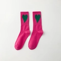 Rose pink crew socks with green heart pattern made of cotton knit for a trendy style - Rose Pink with Green Heart