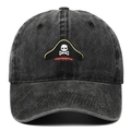 Distressed washed cotton baseball cap with embroidered pirate skull logo on front - Adjustable / Black