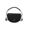 Minimalist black leather saddle bag with silver metal handle and fashion logo print - Black