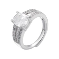 Macro shot of silver adjustable U-shaped ring with baguette and round cut stones - Round Stone Style (VJ613) / Silver